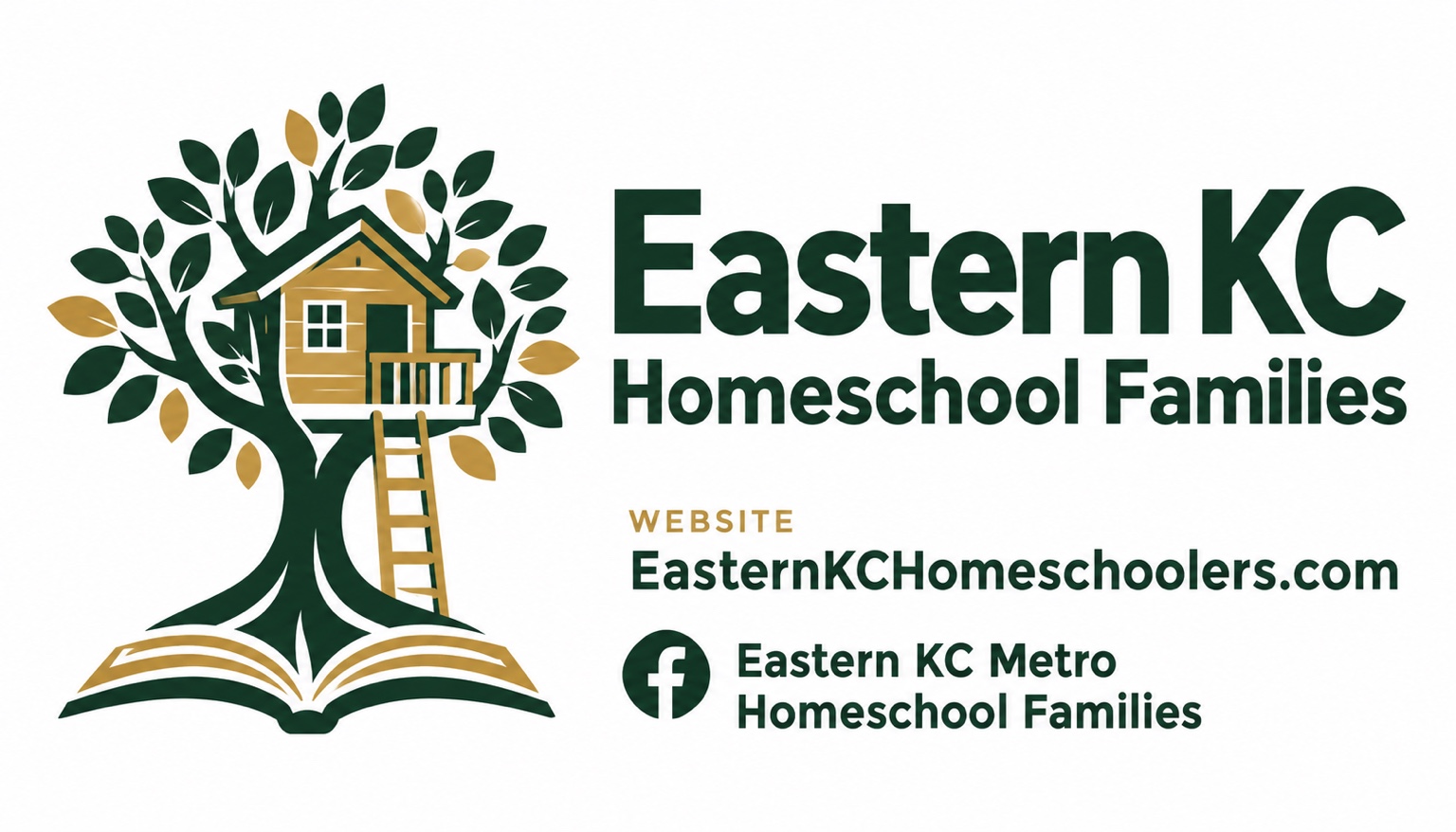 Eastern KC Homeschool Families business card with our treehouse and open book design, website EasternKCHomeschoolers.com, and Facebook group name.